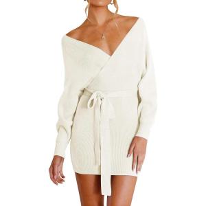 imageZESICA Womens Fall Long Batwing Sleeve Wrap V Neck Knitted Backless Bodycon Pullover Sweater Dress with BeltApricot