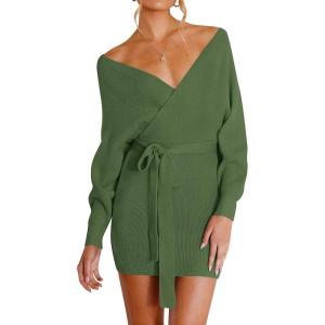 imageZESICA Womens Fall Long Batwing Sleeve Wrap V Neck Knitted Backless Bodycon Pullover Sweater Dress with BeltArmygreen