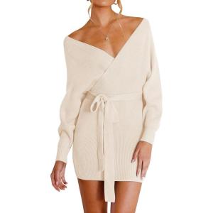 imageZESICA Womens Fall Long Batwing Sleeve Wrap V Neck Knitted Backless Bodycon Pullover Sweater Dress with BeltBeige