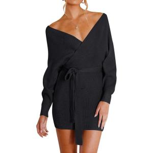 imageZESICA Womens Fall Long Batwing Sleeve Wrap V Neck Knitted Backless Bodycon Pullover Sweater Dress with BeltBlack