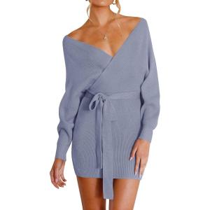 imageZESICA Womens Fall Long Batwing Sleeve Wrap V Neck Knitted Backless Bodycon Pullover Sweater Dress with BeltBlue