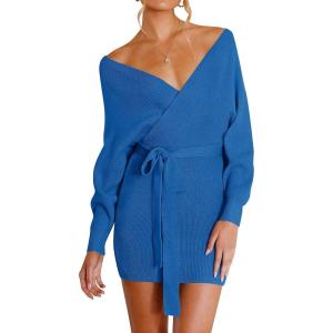 imageZESICA Womens Fall Long Batwing Sleeve Wrap V Neck Knitted Backless Bodycon Pullover Sweater Dress with BeltBrightblue