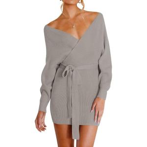 imageZESICA Womens Fall Long Batwing Sleeve Wrap V Neck Knitted Backless Bodycon Pullover Sweater Dress with BeltGrey