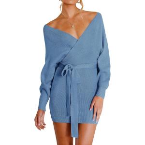 imageZESICA Womens Fall Long Batwing Sleeve Wrap V Neck Knitted Backless Bodycon Pullover Sweater Dress with BeltMidnightblue