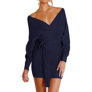 imageZESICA Womens Fall Long Batwing Sleeve Wrap V Neck Knitted Backless Bodycon Pullover Sweater Dress with BeltNavy