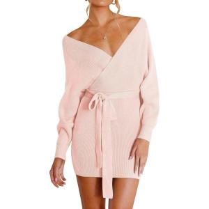 imageZESICA Womens Fall Long Batwing Sleeve Wrap V Neck Knitted Backless Bodycon Pullover Sweater Dress with BeltPink