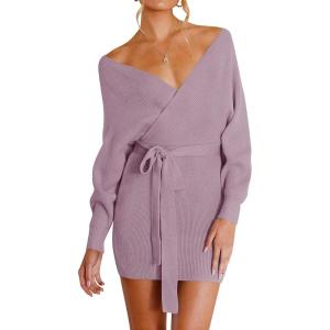 imageZESICA Womens Fall Long Batwing Sleeve Wrap V Neck Knitted Backless Bodycon Pullover Sweater Dress with BeltPurple