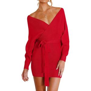 imageZESICA Womens Fall Long Batwing Sleeve Wrap V Neck Knitted Backless Bodycon Pullover Sweater Dress with BeltRed