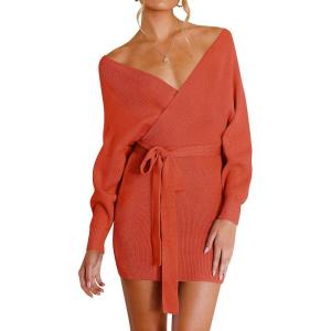 imageZESICA Womens Fall Long Batwing Sleeve Wrap V Neck Knitted Backless Bodycon Pullover Sweater Dress with BeltRustred