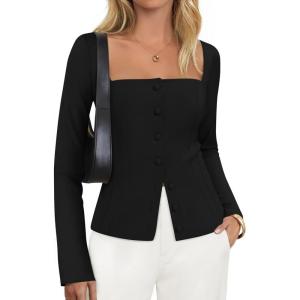 imageZESICA Womens Fall Square Neck Blazers 2025 Casual Long Sleeve Button Up Work Business Fitted Blazer JacketsBlack