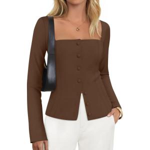 imageZESICA Womens Fall Square Neck Blazers 2025 Casual Long Sleeve Button Up Work Business Fitted Blazer JacketsBrown