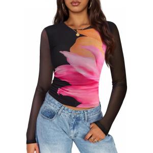 imageZESICA Womens Floral Mesh Going Out Tops Fall Long Sleeve Crewneck Slim Fit Ruched Y2k Shirts Beach Vacation OutfitsBlack
