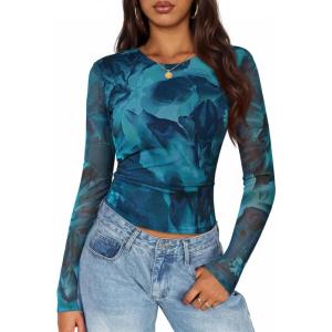 imageZESICA Womens Floral Mesh Going Out Tops Fall Long Sleeve Crewneck Slim Fit Ruched Y2k Shirts Beach Vacation OutfitsBlue