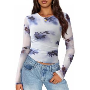 imageZESICA Womens Floral Mesh Going Out Tops Fall Long Sleeve Crewneck Slim Fit Ruched Y2k Shirts Beach Vacation OutfitsGray Blue