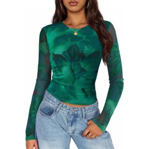 imageZESICA Womens Floral Mesh Going Out Tops Fall Long Sleeve Crewneck Slim Fit Ruched Y2k Shirts Beach Vacation OutfitsGreen
