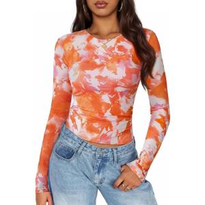 imageZESICA Womens Floral Mesh Going Out Tops Fall Long Sleeve Crewneck Slim Fit Ruched Y2k Shirts Beach Vacation OutfitsOrange
