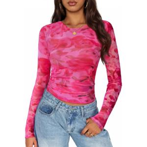 imageZESICA Womens Floral Mesh Going Out Tops Fall Long Sleeve Crewneck Slim Fit Ruched Y2k Shirts Beach Vacation OutfitsPink