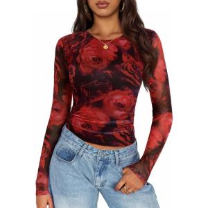 imageZESICA Womens Floral Mesh Going Out Tops Fall Long Sleeve Crewneck Slim Fit Ruched Y2k Shirts Beach Vacation OutfitsRed