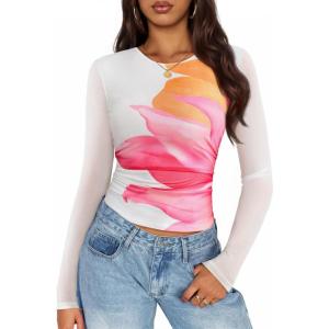 imageZESICA Womens Floral Mesh Going Out Tops Fall Long Sleeve Crewneck Slim Fit Ruched Y2k Shirts Beach Vacation OutfitsWhite