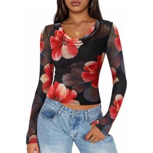 imageZESICA Womens Floral Mesh Long Sleeve Tops 2025 Fall Cowl Neck Slim Fit Going Out Y2k Shirts Trendy Date Night OutfitsBlack