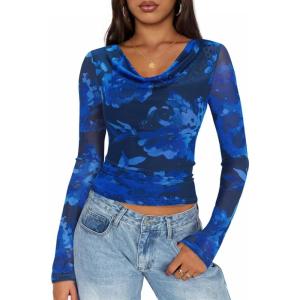 imageZESICA Womens Floral Mesh Long Sleeve Tops 2025 Fall Cowl Neck Slim Fit Going Out Y2k Shirts Trendy Date Night OutfitsDark Blue