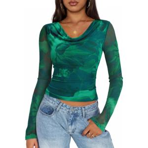 imageZESICA Womens Floral Mesh Long Sleeve Tops 2025 Fall Cowl Neck Slim Fit Going Out Y2k Shirts Trendy Date Night OutfitsGreen