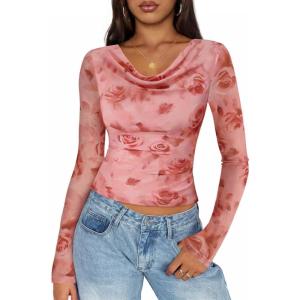 imageZESICA Womens Floral Mesh Long Sleeve Tops 2025 Fall Cowl Neck Slim Fit Going Out Y2k Shirts Trendy Date Night OutfitsPink