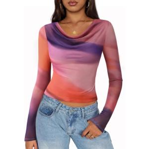imageZESICA Womens Floral Mesh Long Sleeve Tops 2025 Fall Cowl Neck Slim Fit Going Out Y2k Shirts Trendy Date Night OutfitsPurple
