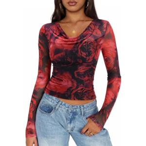 imageZESICA Womens Floral Mesh Long Sleeve Tops 2025 Fall Cowl Neck Slim Fit Going Out Y2k Shirts Trendy Date Night OutfitsRed