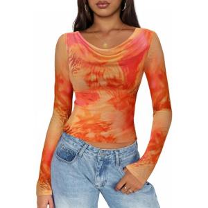 imageZESICA Womens Floral Mesh Long Sleeve Tops 2025 Fall Cowl Neck Slim Fit Going Out Y2k Shirts Trendy Date Night OutfitsTangerine