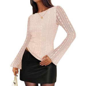 imageZESICA Womens Lace Mesh Long Sleeve Shirts Fall Double Lined Boat Neck Slim Fit Asymmetrical Going Out Tops Date Night OutfitBeige