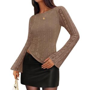 imageZESICA Womens Lace Mesh Long Sleeve Shirts Fall Double Lined Boat Neck Slim Fit Asymmetrical Going Out Tops Date Night OutfitKhaki