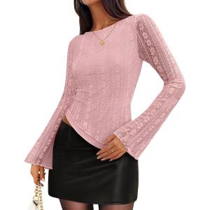 imageZESICA Womens Lace Mesh Long Sleeve Shirts Fall Double Lined Boat Neck Slim Fit Asymmetrical Going Out Tops Date Night OutfitPink