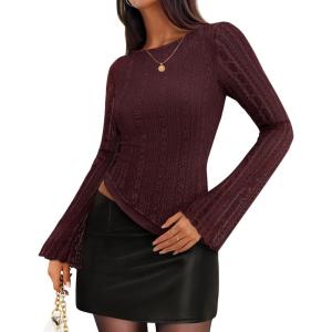 imageZESICA Womens Lace Mesh Long Sleeve Shirts Fall Double Lined Boat Neck Slim Fit Asymmetrical Going Out Tops Date Night OutfitWine