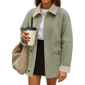 imageZESICA Womens Lightweight Trendy Jackets 2025 fall Contrast Collar Button Down Cotton Oversized Casual Cargo Barn JacketLight Green