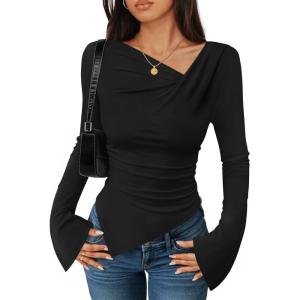 imageZESICA Womens Long Bell Sleeve Shirts 2025 Fall Going Out Asymmetrical Crop Tops Slim Fit Ribbed Ruched Y2K ClothesBlack