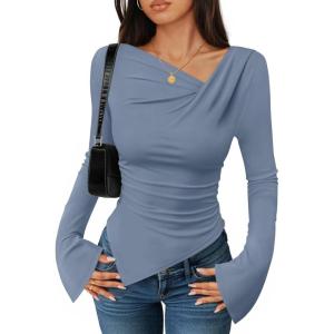 imageZESICA Womens Long Bell Sleeve Shirts 2025 Fall Going Out Asymmetrical Crop Tops Slim Fit Ribbed Ruched Y2K ClothesBlue