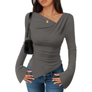imageZESICA Womens Long Bell Sleeve Shirts 2025 Fall Going Out Asymmetrical Crop Tops Slim Fit Ribbed Ruched Y2K ClothesGrey