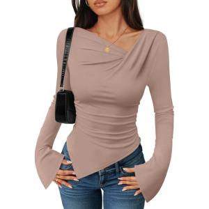 imageZESICA Womens Long Bell Sleeve Shirts 2025 Fall Going Out Asymmetrical Crop Tops Slim Fit Ribbed Ruched Y2K ClothesLightkhaki