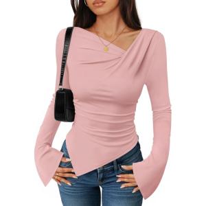 imageZESICA Womens Long Bell Sleeve Shirts 2025 Fall Going Out Asymmetrical Crop Tops Slim Fit Ribbed Ruched Y2K ClothesPink