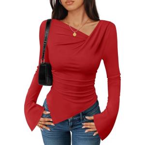 imageZESICA Womens Long Bell Sleeve Shirts 2025 Fall Going Out Asymmetrical Crop Tops Slim Fit Ribbed Ruched Y2K ClothesRed