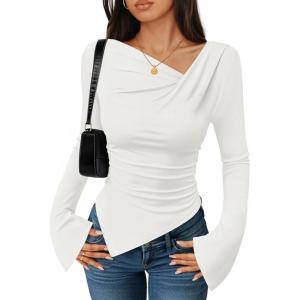 imageZESICA Womens Long Bell Sleeve Shirts 2025 Fall Going Out Asymmetrical Crop Tops Slim Fit Ribbed Ruched Y2K ClothesWhite