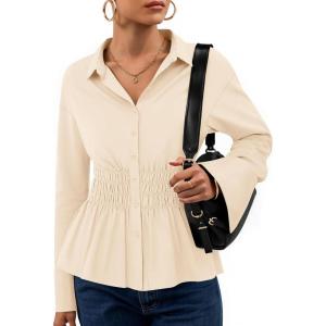 imageZESICA Womens Long Sleeve Button Down Cotton Shirts 2025 Fall Business Casual Collared Blouse Pleated Peplum Work TopsApricot
