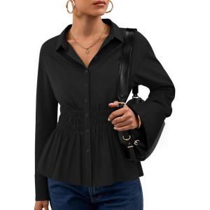 imageZESICA Womens Long Sleeve Button Down Cotton Shirts 2025 Fall Business Casual Collared Blouse Pleated Peplum Work TopsBlack