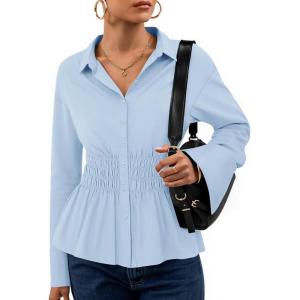 imageZESICA Womens Long Sleeve Button Down Cotton Shirts 2025 Fall Business Casual Collared Blouse Pleated Peplum Work TopsBlue
