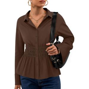 imageZESICA Womens Long Sleeve Button Down Cotton Shirts 2025 Fall Business Casual Collared Blouse Pleated Peplum Work TopsBrown