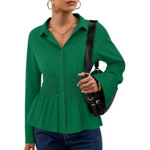 imageZESICA Womens Long Sleeve Button Down Cotton Shirts 2025 Fall Business Casual Collared Blouse Pleated Peplum Work TopsGreen