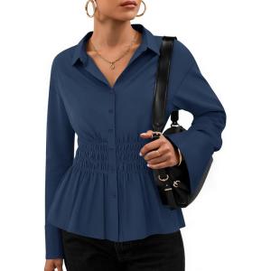 imageZESICA Womens Long Sleeve Button Down Cotton Shirts 2025 Fall Business Casual Collared Blouse Pleated Peplum Work TopsNavy