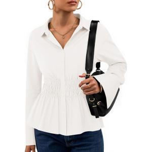 imageZESICA Womens Long Sleeve Button Down Cotton Shirts 2025 Fall Business Casual Collared Blouse Pleated Peplum Work TopsWhite