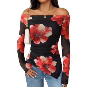 imageZESICA Womens Trendy Off Shoulder Floral Mesh Tops Slim Fit Sexy Long Sleeve Shirts Asymmetrical Ruched BlousesBlack